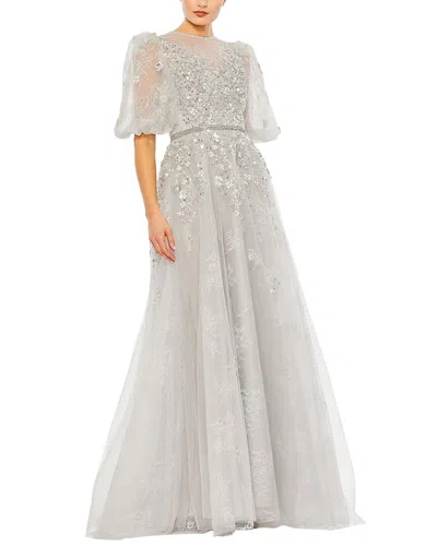 Mac Duggal Embellished Puff Sleeve A-line Gown In Silver