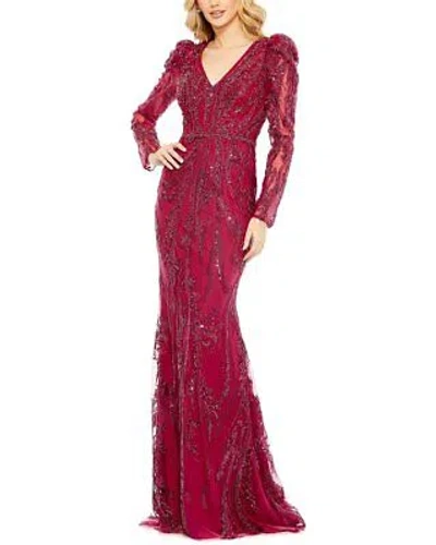 Pre-owned Mac Duggal Embellished Puff Sleeve V Neck Gown Women's In Red
