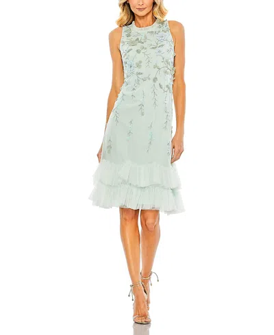 Mac Duggal Embellished Ruffle Tiered High Neck Floral Dress In Green