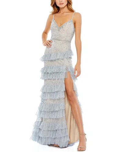 Mac Duggal Embellished Ruffle Tiered Sleeveless Gown In Blue