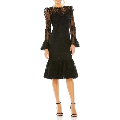 MAC DUGGAL MAC DUGGAL EMBELLISHED RUFFLE WRIST HIGH NECK MIDI DRESS