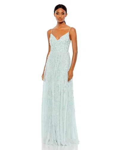 MAC DUGGAL EMBELLISHED RUFFLED SPAGHETTI STRAP A LINE GOWN