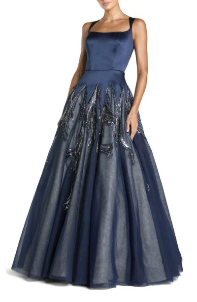 Mac Duggal Embellished Satin Ball Gown With Tulle Skirt In Blue
