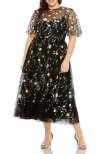 Mac Duggal Embellished Sequin Flutter Sleeve Illusion High Neck Midi Dress In Black Multi