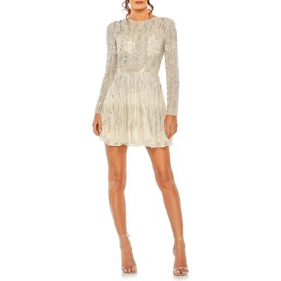 Mac Duggal Sequin High Neck Long Sleeve A Line Dress In Silver Nude