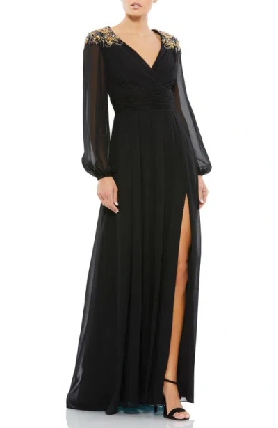 Mac Duggal Embellished Shoulder Blouson Sleeve Evening Gown In Black Gold