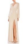 Mac Duggal Embellished Shoulder Blouson Sleeve Evening Gown In White