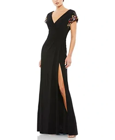 MAC DUGGAL EMBELLISHED SLEEVE JERSEY WRAP GOWN