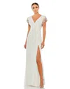 Mac Duggal Embellished Sleeve Jersey Wrap Gown In Multi