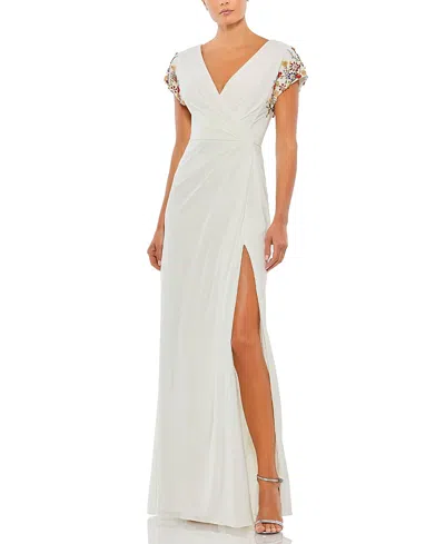 MAC DUGGAL EMBELLISHED SLEEVE JERSEY WRAP GOWN