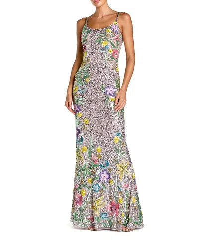 Mac Duggal Embellished Sleeveless Cowl Back Gown In Metallic
