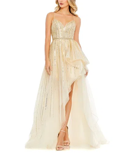 Mac Duggal Embellished Sleeveless Draped A Line Gown In Gold Silver