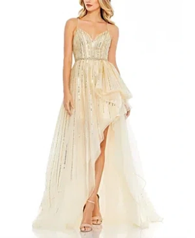 Mac Duggal Embellished Sleeveless Draped A Line Gown In Gold Silver