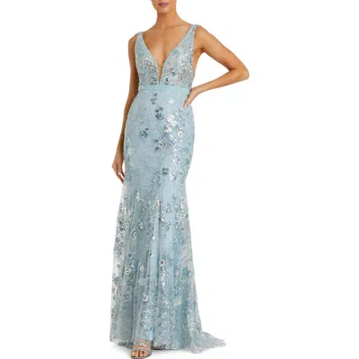 Mac Duggal Floral Embellished Sleeveless Plunge Neck Gown In Blue