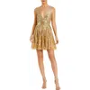 Mac Duggal Embellished Sleeveless V Neck A Line Cocktail Dress In Nude Gold