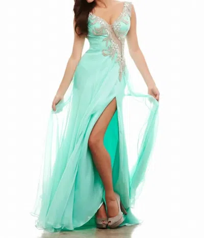 Mac Duggal Embellished Slit Gown In Turquoise In Green