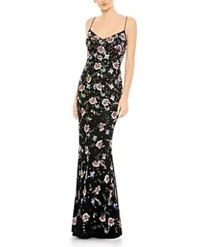 Mac Duggal Embellished Spaghetti Strap Lace Up Gown In Black Multi