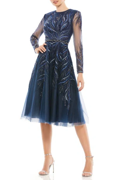 Mac Duggal Embellished Tea-length Illusion Cocktail Dress In Blue
