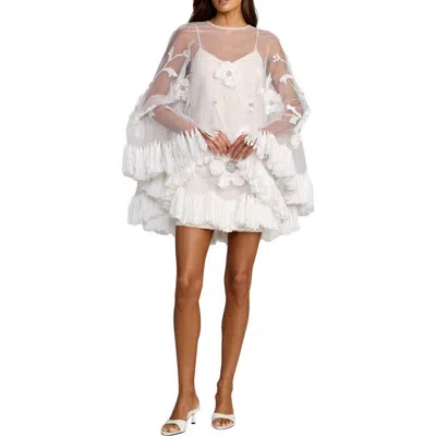 Mac Duggal Embellished Trapeze Mini Dress With Fringe Hem In White