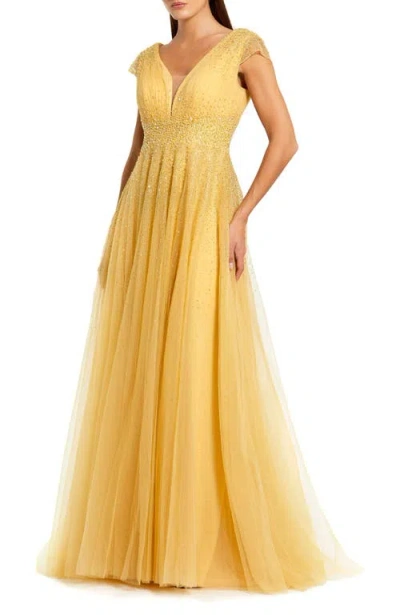 Mac Duggal Embellished Tulle Cap Sleeve V Neck Gown In Gold