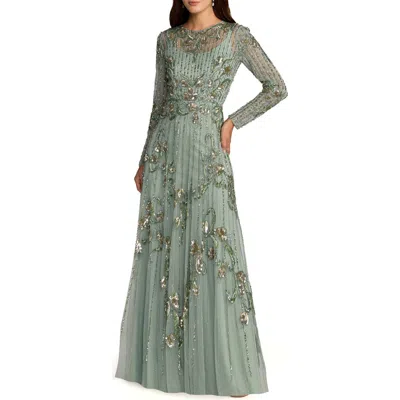 Mac Duggal Embellished Tulle Long Sleeve A Line Gown In Green