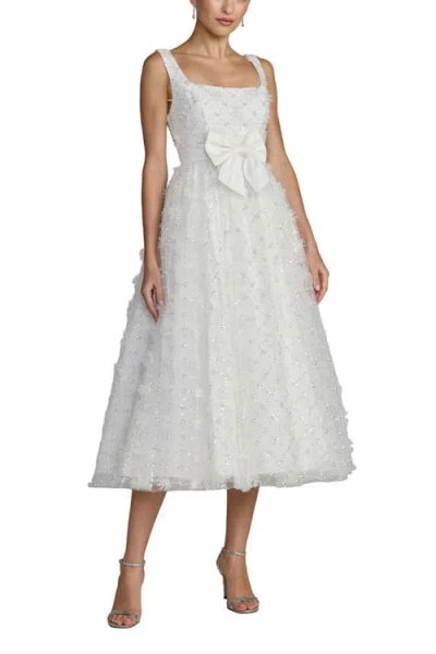 Mac Duggal Embellished Tulle Midi Dress With Satin Bow In White