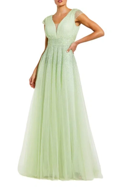 Mac Duggal Embellished Tullle Cap Sleeve V Neck Evening Gown In Green