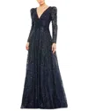Mac Duggal Embellished V Neck Long Sleeve A Line Gown In Midnight