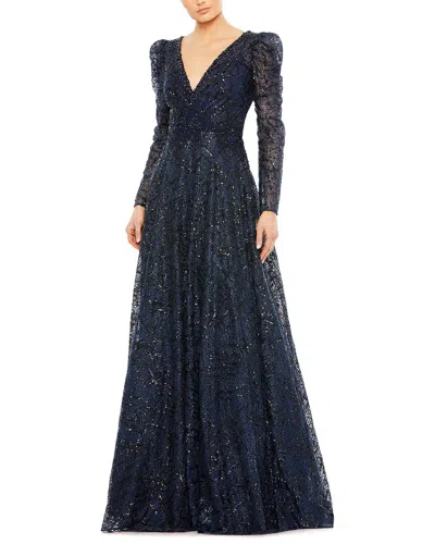 Mac Duggal Embellished V Neck Long Sleeve A Line Gown In Blue