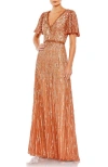 Mac Duggal Embellished V Neck Butterfly Sleeve Column Gown In Copper