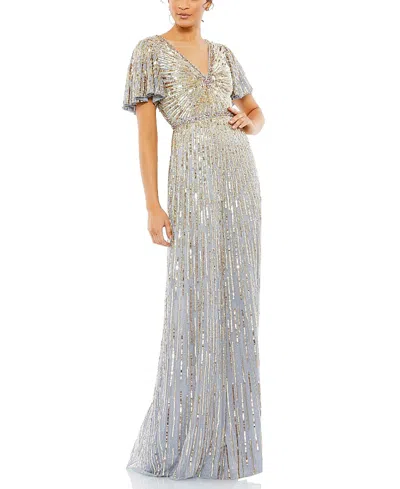 Mac Duggal Embellished V Neck Butterfly Sleeve Column Gown In Gray