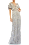 Mac Duggal Embellished V Neck Butterfly Sleeve Column Gown In Platinum