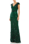 Mac Duggal Embellished V Neck Cap Sleeve Sequin Gown In Bottle Green