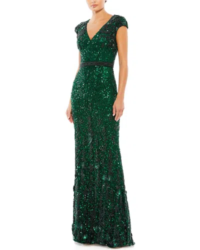 MAC DUGGAL MAC DUGGAL EMBELLISHED V-NECK CAP SLEEVE SEQUIN GOWN