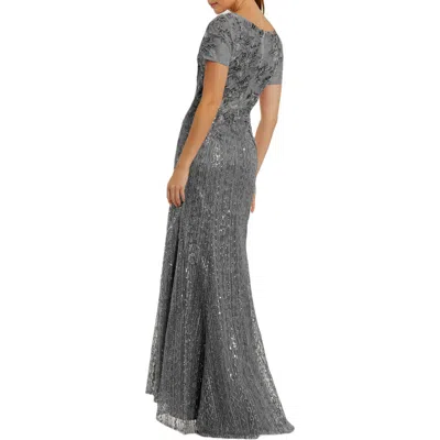 Mac Duggal Embellished V Neck Cap Sleeve Trumpet Gown In Dark Grey