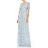 Mac Duggal Embellished V Neck Empire Waist Ruffle Hem Gown In Blue