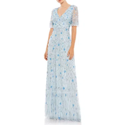 Mac Duggal Embellished V Neck Empire Waist Ruffle Hem Gown In Blue