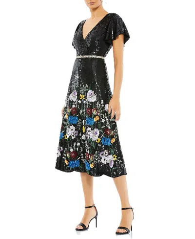 MAC DUGGAL EMBELLISHED V NECK FLUTTER SLEEVE DRESS