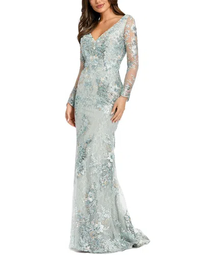 Mac Duggal Embellished V Neck Illusion Long Sleeve Gown In Multi