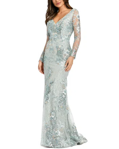 Mac Duggal Embellished V Neck Illusion Long Sleeve Gown In Seamist
