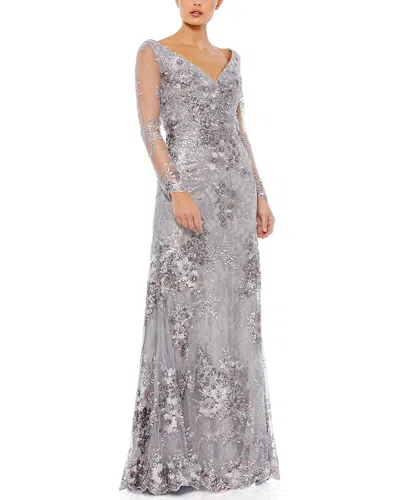 Mac Duggal Embellished V Neck Illusion Gown In Silver