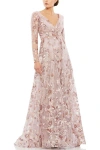 Mac Duggal Embellished V Neck Illusion Long Sleeve A Line Gown In Rose