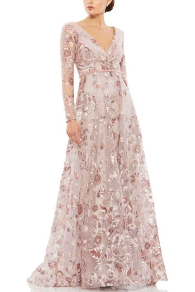 MAC DUGGAL MAC DUGGAL EMBELLISHED V NECK ILLUSION LONG SLEEVE A LINE GOWN