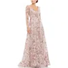 Mac Duggal Embellished V Neck Illusion Long Sleeve A Line Gown In Rose