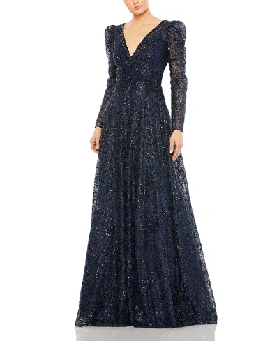 Mac Duggal Embellished V Neck Long Sleeve A Line Gown