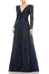 Mac Duggal Embellished V Neck Long Sleeve A Line Gown In Midnight