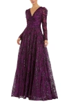 Mac Duggal Embellished V Neck Long Sleeve A Line Gown In Multi