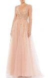Mac Duggal Embellished V Neck Long Sleeve A Line Gown In Pink Champagne