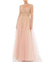 Mac Duggal Embellished V Neck Long Sleeve A Line Gown In Pink Champagne