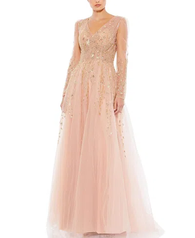 MAC DUGGAL EMBELLISHED V NECK LONG SLEEVE A LINE GOWN